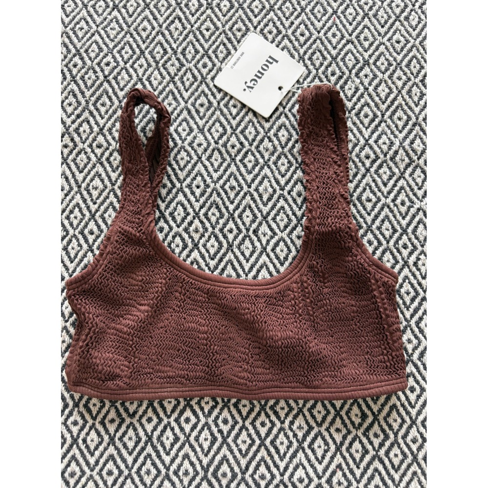 Honey Swim Womens XS Chocolate Brown Crinkle Smocked Scoop Neck Bikini Top NWT